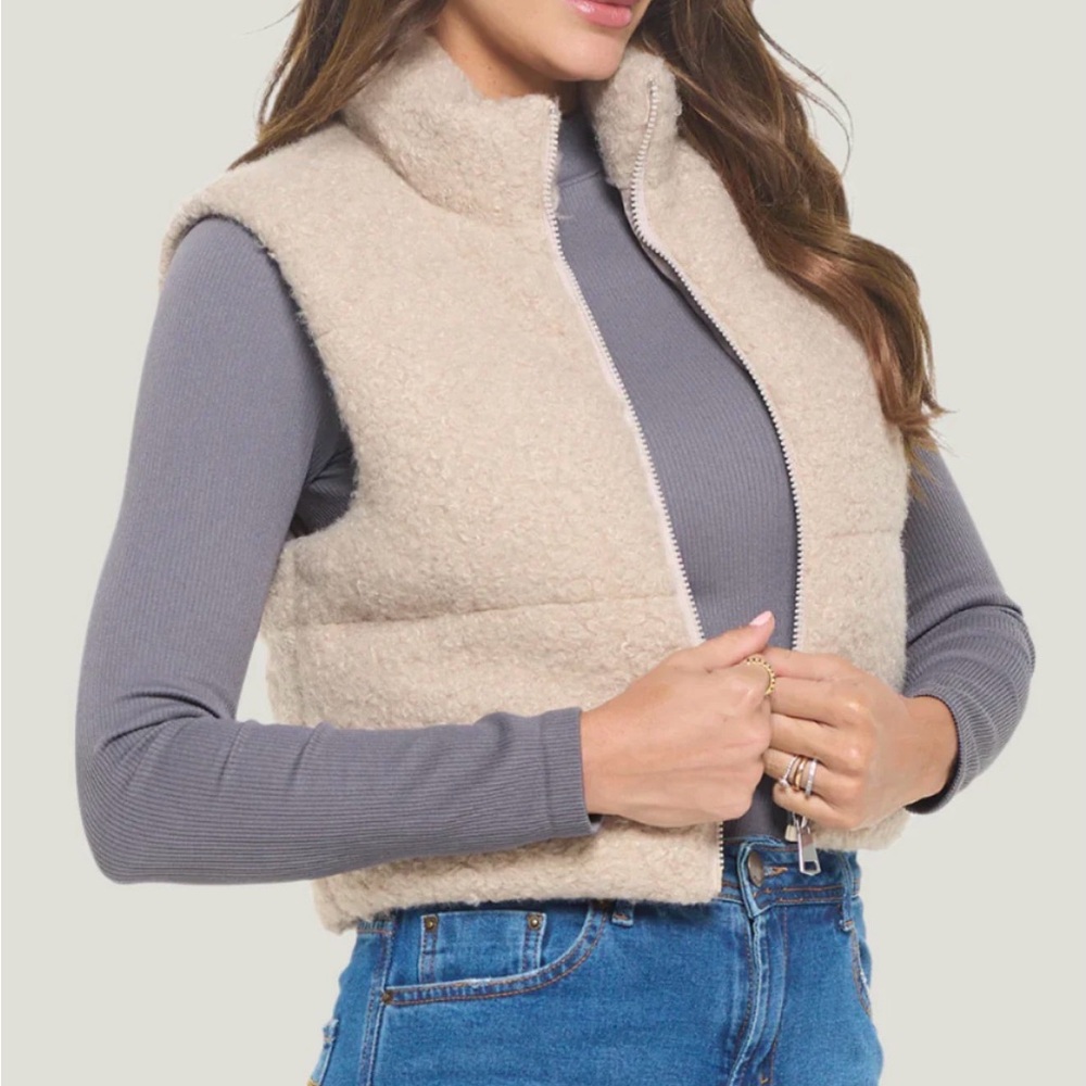 Cisono Sherpa Beige Shearling Padded Full Zip Vest M Neutral